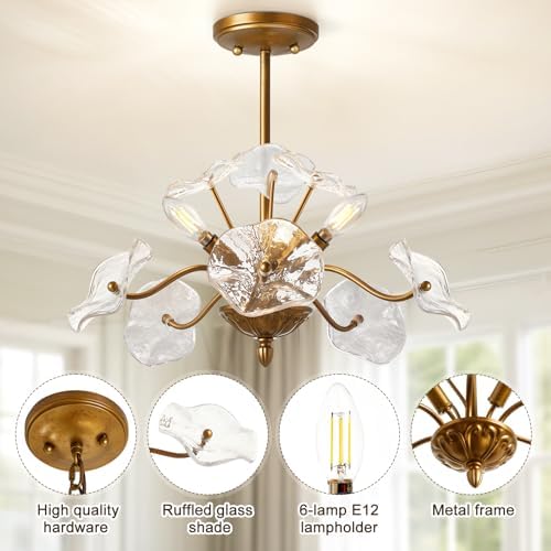 Luvkczc Modern Gold Chandelier,Vintage Brass Flower Glass Pendant Light Fixtu...