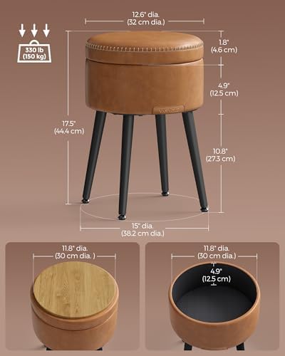VASAGLE Storage Ottoman, PU Leather Round Seat with Steel Legs