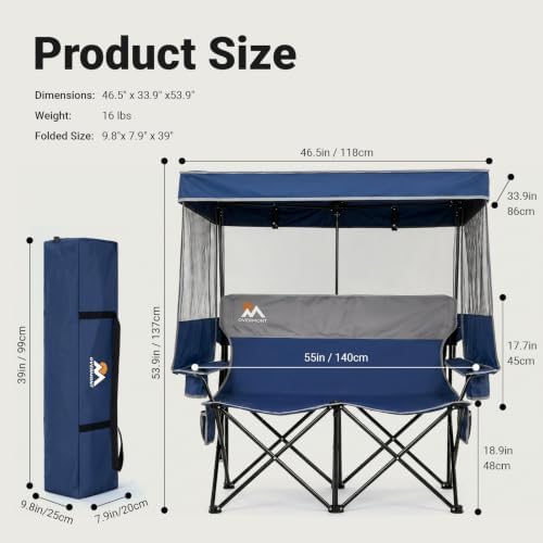 Overmont Camping Chair with Canopy- Folding Double Loveseat Chair with Adjust...