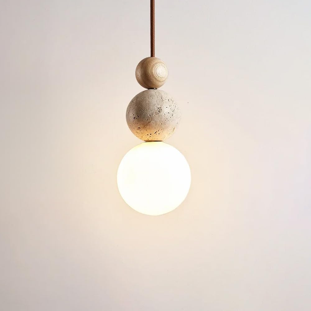 Modern Natural Stone Pendant Light, Frosted White Glass Spherical Hanging Lig...