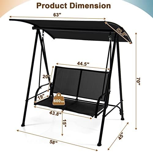Tangkula 2 Person Porch Swing with Adjustable Canopy, Black
