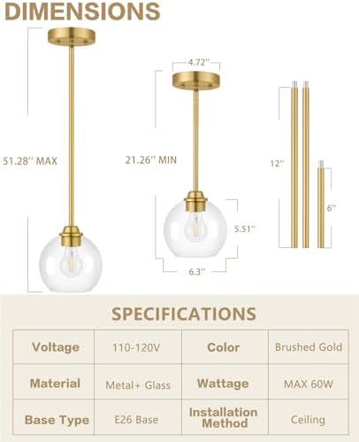 Gold Pendant Light Fixtures 2 Pack, Globe Pendant Lights with Clear Glass Sha...