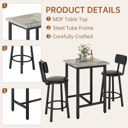 3 Piece Bar Table and Chairs Set for 2, Counter Height Square Pub Dining Set,...