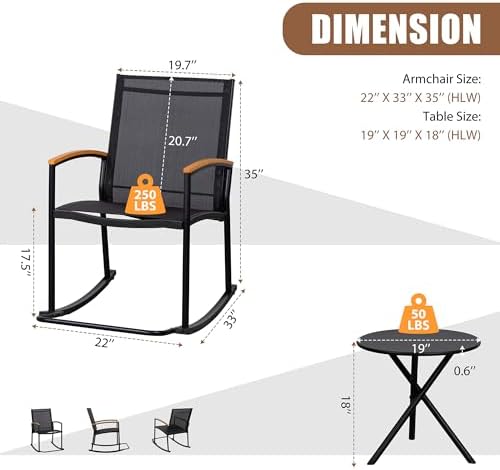 Shintenchi 3 Piece Outdoor Rocking Bistro Set, Textilene Fabric Small Patio F...