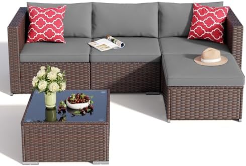 Aiho 5 Pieces Patio Furniture Set All-Weather Outdoor Wicker Sectional Patio ...