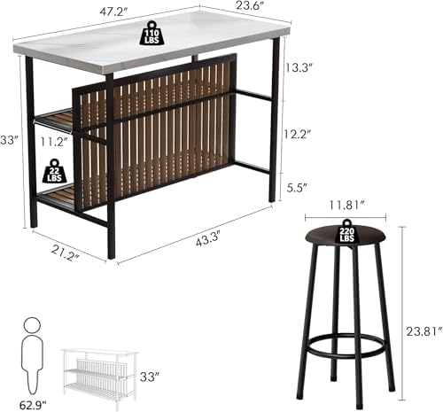 Kitchen Island with Seating & Storage, Bar Table and Chair Set, White