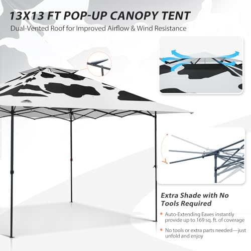 EAGLE PEAK 13x13 Pop Up Canopy Tent, Auto Extended Eaves, Cow Print