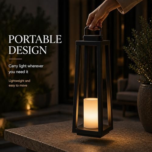 Integrated LED Solar Lantern Outdoor Large H24 Inch Black Metal Decorative So...