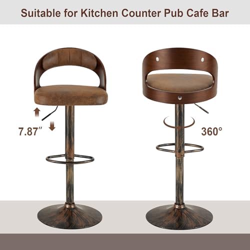 VECELO Bar Stool Set of 2,Kitchen Island Stools with Bentwood Back,Arm&Fo...