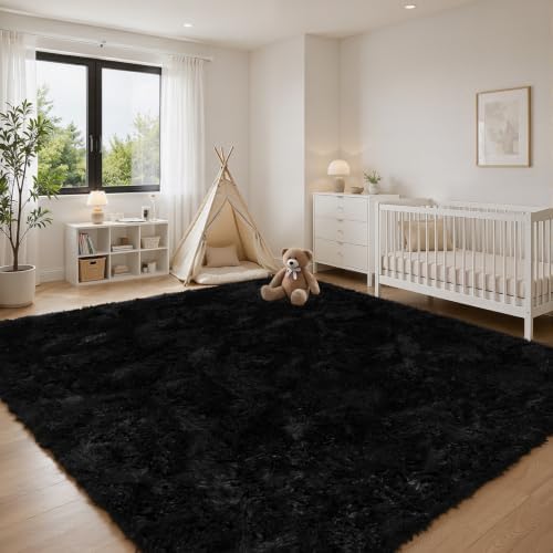 6x9 Black Fluffy Area Rug for Living Room,Large Shag Area Rugs for Bedroom