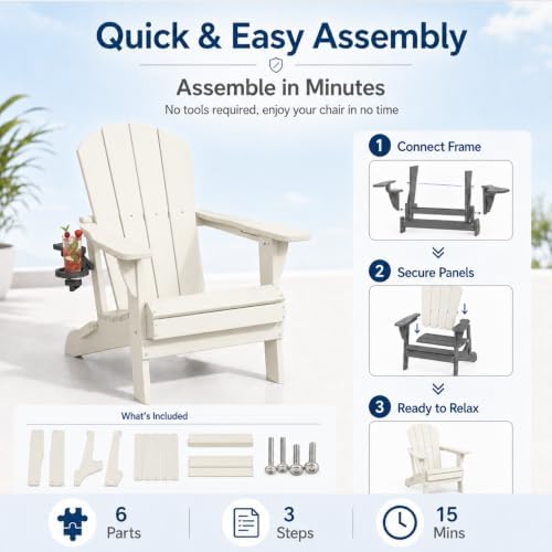 Folding Adirondack Chair with Cup Holder and Phone Holder, Heavy Duty HDPE Pl...