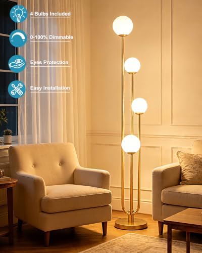 Lightdot Gold Globe Floor Lamp 4-Lights Dimmable Floor Lamps 3000K Bulbs Incl...