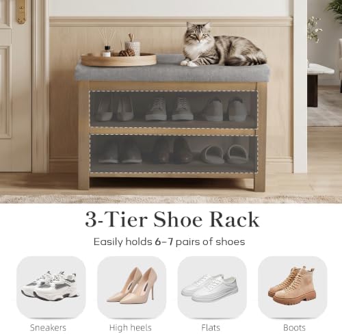 Zihanhome Shoe Rack Bench with Cushion, 2 Tier Solid Wood Storage Bench, Mid-...