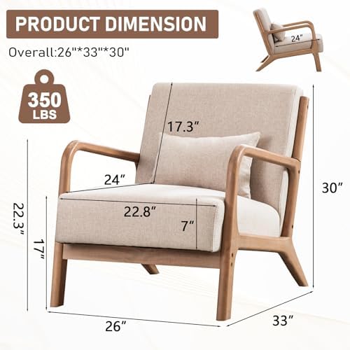 ANJ Mid Century Modern Accent Chair, Comfy Fabric Living Room Chairs with Sol...
