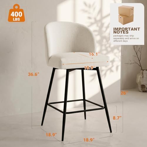 Counter Height Bar Stools Set of 3, 360° Swivel Upholstered Barstools with Ba...