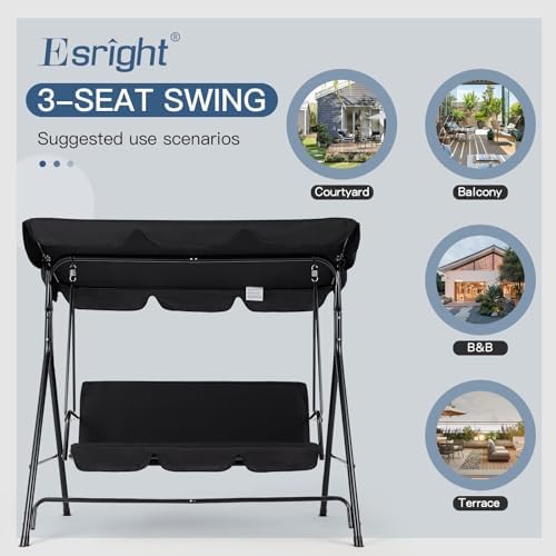 Esright 3-Seat Outdoor Porch Swing Chair with Adjustable Canopy, Balck