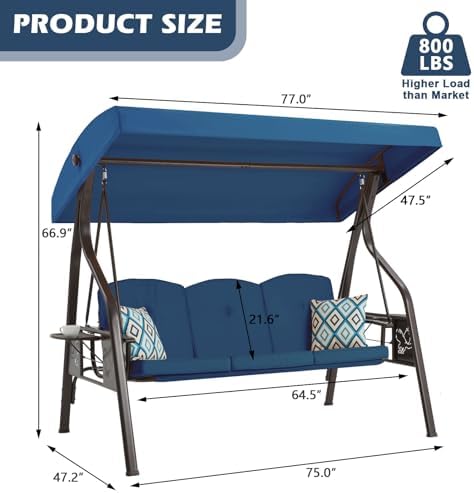 ZZW 3-Seat Outdoor Porch Swing with Stand, Patio Swing with Canopy, 2 in 1 Po...
