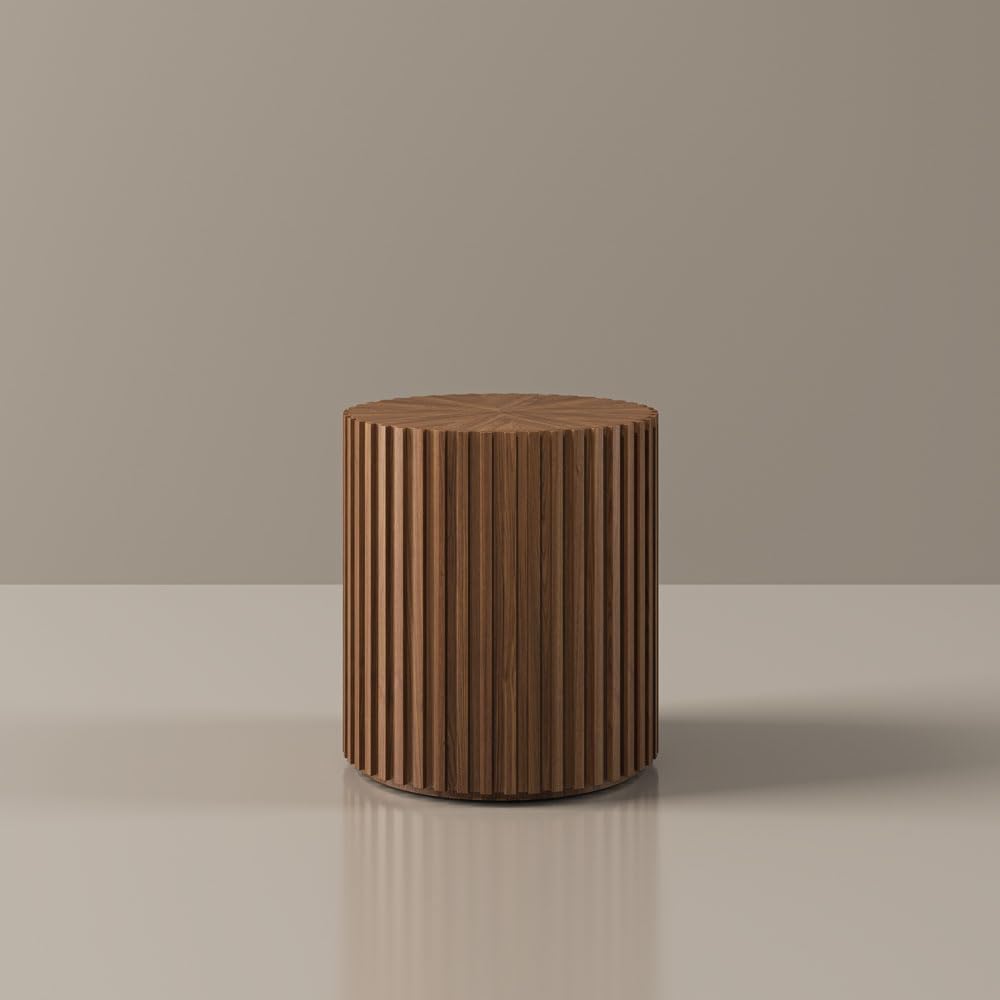 POVISON Round Coffee Side Table, Mid Century Wood End Table, Fluted Side Tabl...