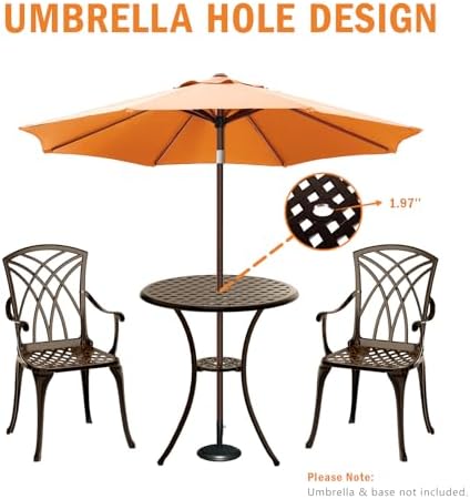 Patio Bistro Set 3 Piece, Cast Aluminum Bistro Set for 2 w/Umbrella Hole, Out...