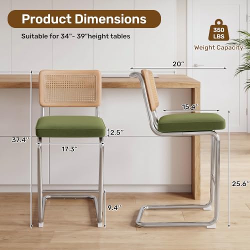 Rattan Bar Stools Set of 2 with Solid Wood Back, 26" Counter Height Bar ...