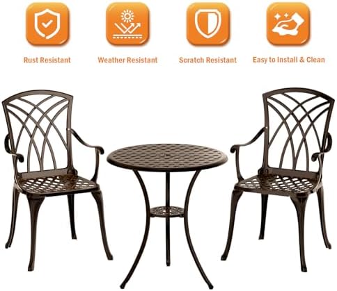 Patio Bistro Set 3 Piece, Cast Aluminum Bistro Set for 2 w/Umbrella Hole, Out...