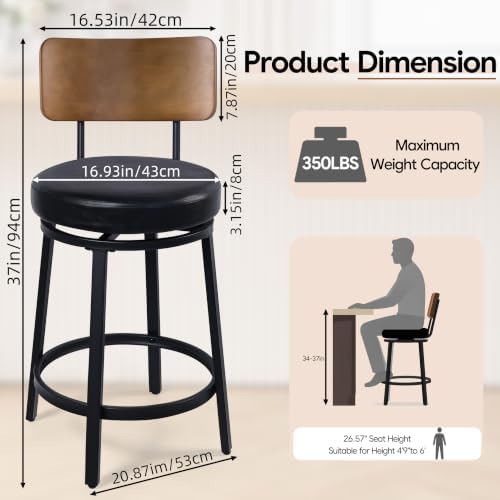 Counter Height Bar Stools Set of 2, 26" Swivel Barstools with Solid Wood...