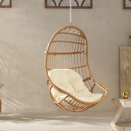 Christopher Knight Home Mariah Wicker Hanging Chair with Cushion, Outdoor Ind...