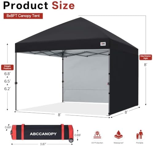 ABCCANOPY 8x8 Pop Up Canopy Tent, 2 Sidewalls, All-Weather Shade, Black