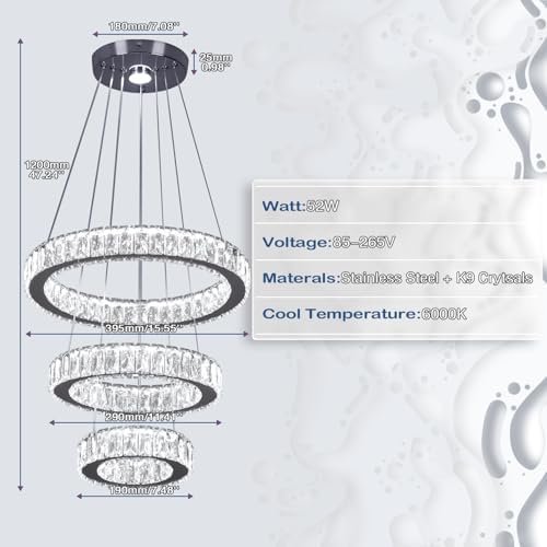 Modern 3-Ring Crystal LED Chandelier, 15.6" Pendant Light Fixture, 52W