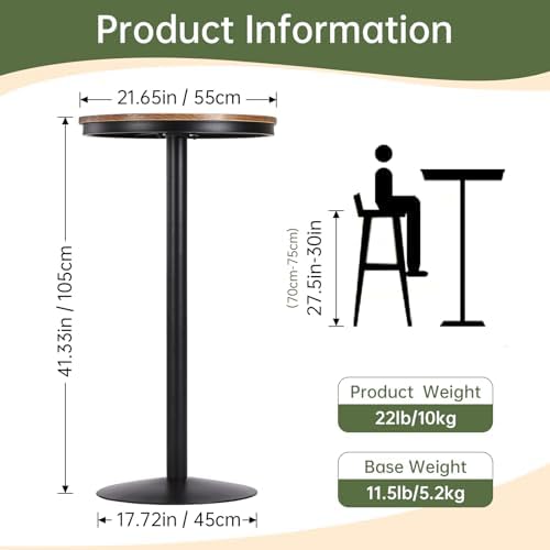 42" Height Round Bar Table with Solid Wood Top and Sturdy Metal Base, Ru...