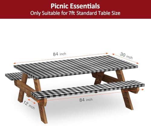 7ft 84" Picnic Table and Bench Cover, 3 Pack, Black-White Checkered