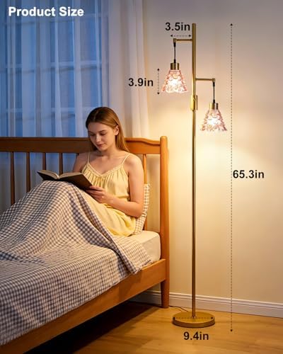Red Glass Floor Lamp Dimmable 2-Light Modern Gold Tall Floor Lamp