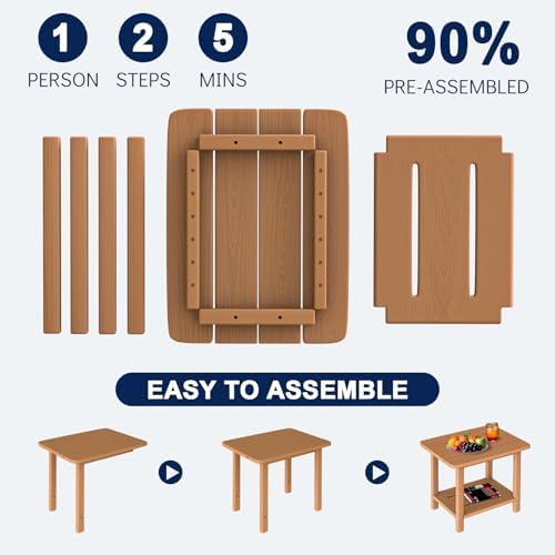 nevilywood 2-Tier Outdoor Side Table, HDPE Patio End Table, Teak