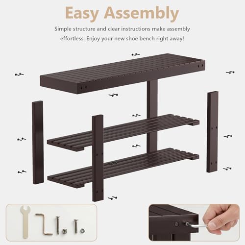 NEWBULIG Shoe Rack Bench, 3-Tier Bamboo Shoe Organizer, Wooden Entryway Stora...