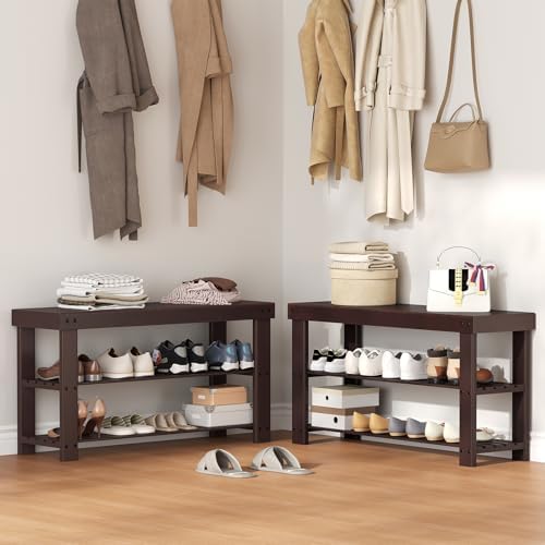 NEWBULIG Shoe Rack Bench, 3-Tier Bamboo Shoe Organizer, Wooden Entryway Stora...