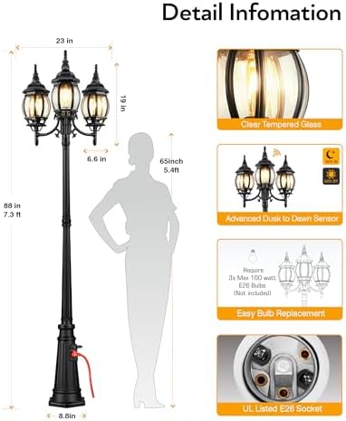 VIANIS 3-Head Dusk to Dawn Outdoor Lamp Post Light with Outlet, Anti-Rust