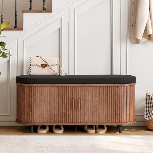 ONBRILL 43" Shoe Bench with Storage, Fluted Shoe Storage Bench, Walnut