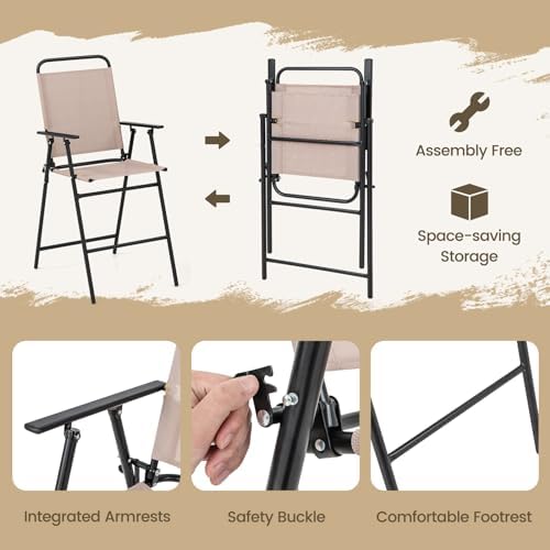 GIANTEX 4-Piece Outdoor Bar Set, Round High Top Bar Table with 2 Folding Coun...