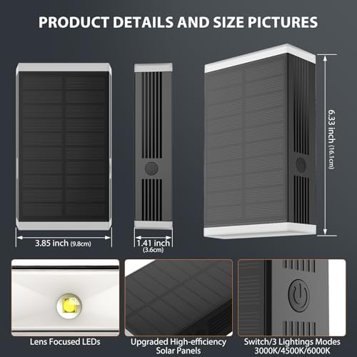 Solar Wall Light Outdoor,3000/4000/6000K 3 Modes Dusk to Dawn Lighting Wall S...