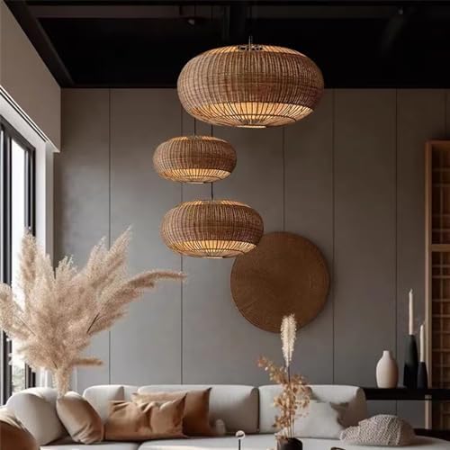 Rattan Handwoven Pendant Lights Adjustable Bamboo Wicker Hanging Lamp, Pendan...