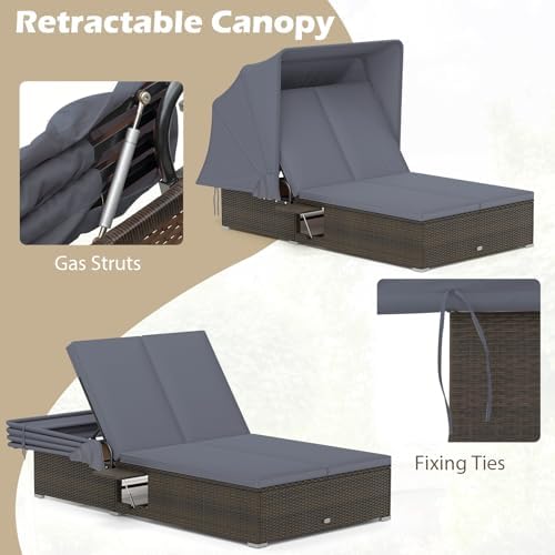 RELAX4LIFE Outdoor Rattan Daybed w/Canopy - Wicker Double Chaise Lounge w/6-P...