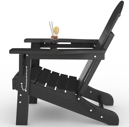 HDPE Folding Adirondack Chair Set of 2 with Side Table, Black