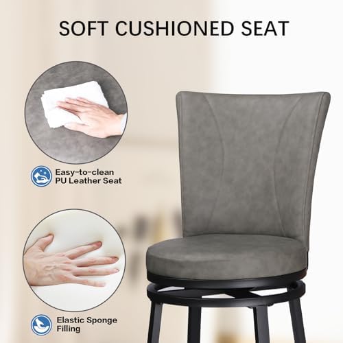 Bar Stools Set of 2, PU Leather Upholstered Swivel Barstool, 24″ Counter Heig...