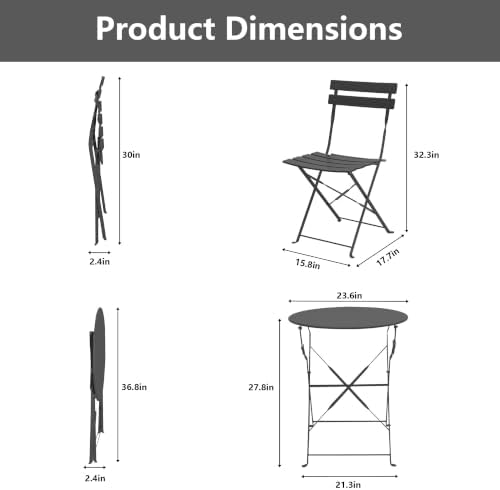 3-Piece Patio Bistro Set, Folding Outdoor Bistro Table and Chairs for 2 with ...