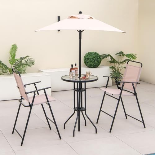GIANTEX 4-Piece Outdoor Bar Set, Round High Top Bar Table with 2 Folding Coun...