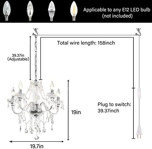 PAPAYA Plug-in 5 Light Crystal Hanging Pendant Lights Acrylic Chandelier