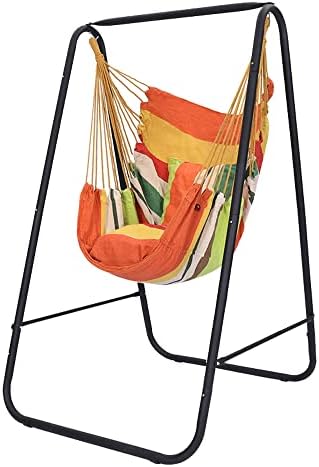 Hammock Chair with Stand,Hammock Chair Stand with Hanging Swing Chair Included,Weather Resistant Hammock Stand Max 450 Lbs,Saving Space Swing Stand for Indoor Outdoor Patio Yard(Candy) Patented