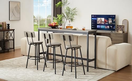 Long Bar Table Set with 3 PU Upholstered Bar Stools, Industrial Bar Table and...