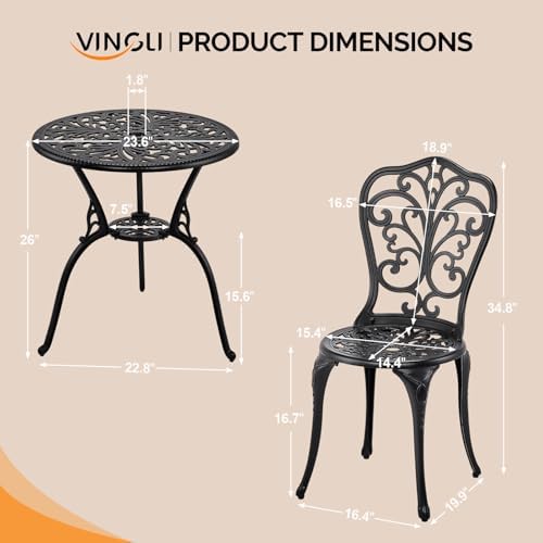 VINGLI 3 PCS Outdoor Bistro Set, Outdoor Patio Set, All-Weather Cast Aluminum...