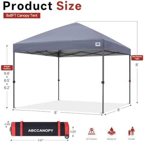 ABCCANOPY 8x8 Pop Up Canopy, Heavy Duty Weather Protection, Light Gray